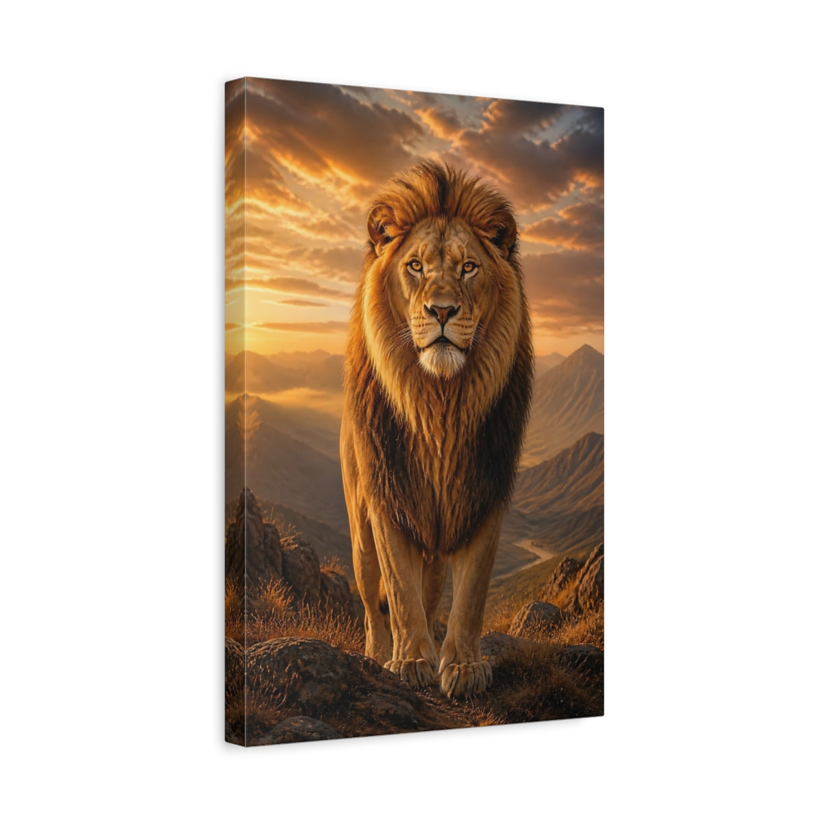 Side Mockup 4. Animals Lion Golden Orange Lion shown as stretched canvas wall art