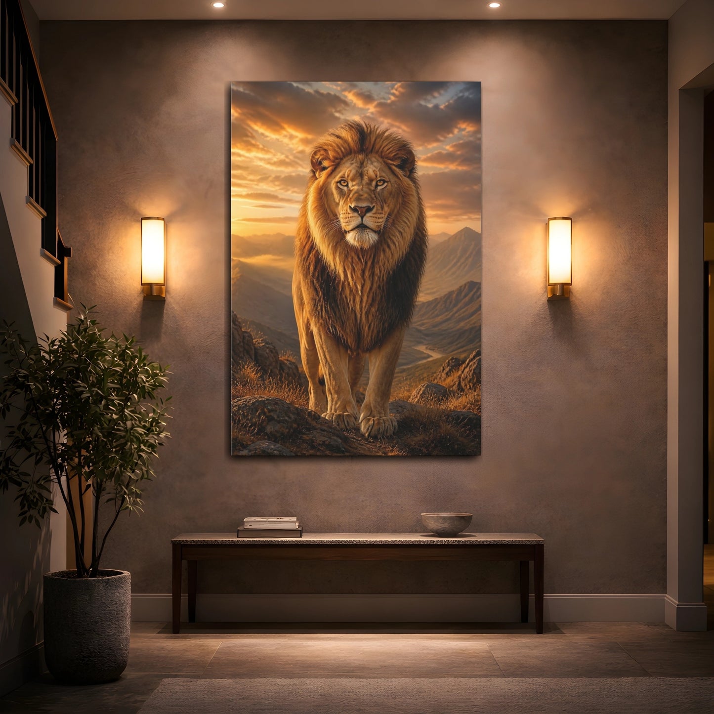 Mockup 2. Animals Lion Golden Orange Lion shown as stretched canvas wall art