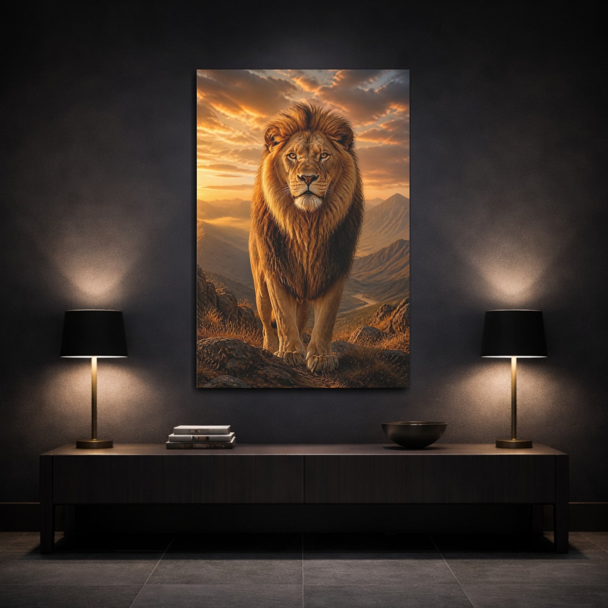 Mockup 3. Animals Lion Golden Orange Lion shown as stretched canvas wall art