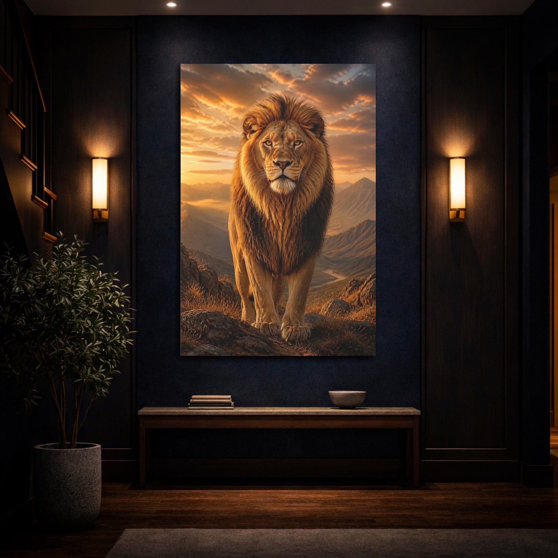 Mockup 4. Animals Lion Golden Orange Lion shown as stretched canvas wall art