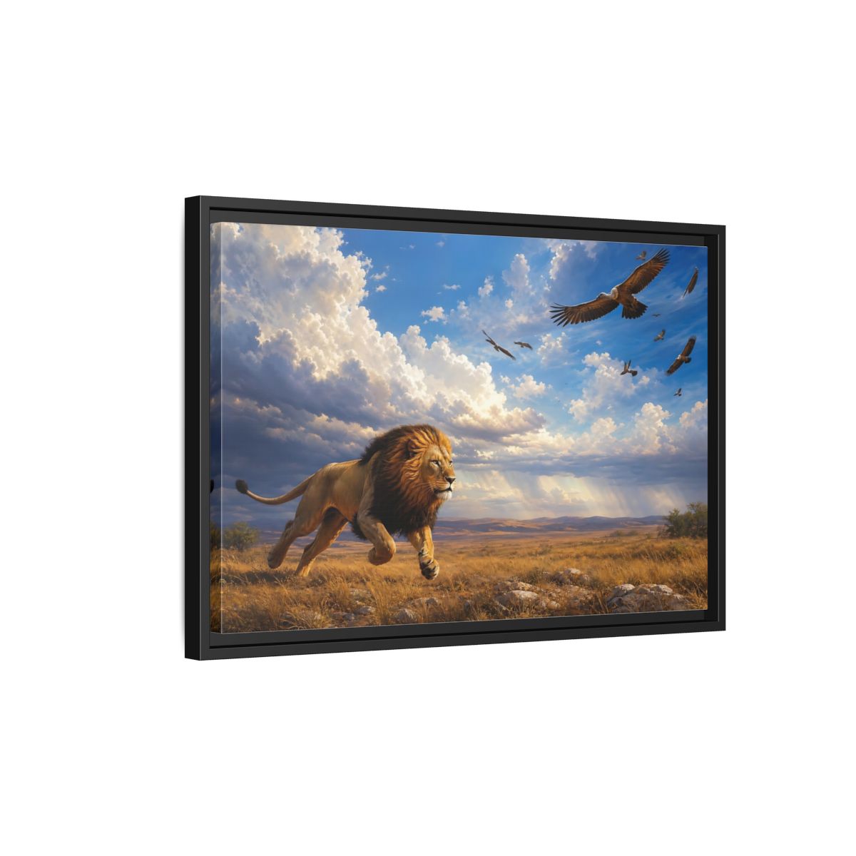 Side Mockup 3. Animals Lion Golden Savanna Lion shown as stretched canvas wall art