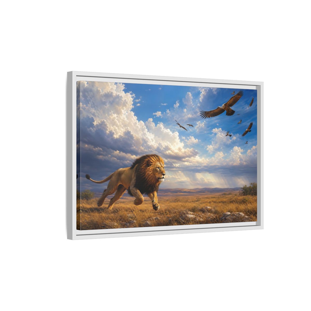 Side Mockup 1. Animals Lion Golden Savanna Lion shown as stretched canvas wall art
