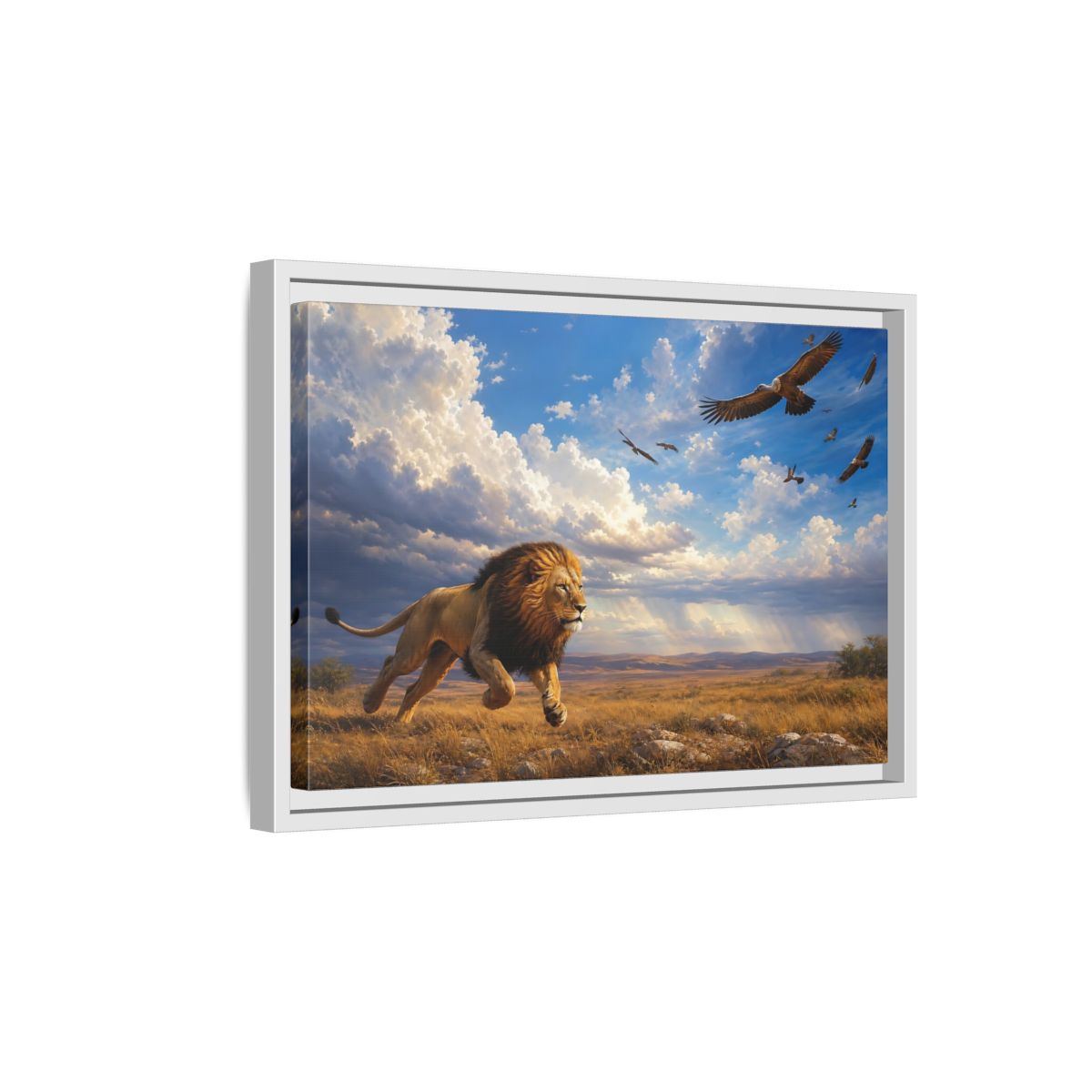 Side Mockup 4. Animals Lion Golden Savanna Lion shown as stretched canvas wall art