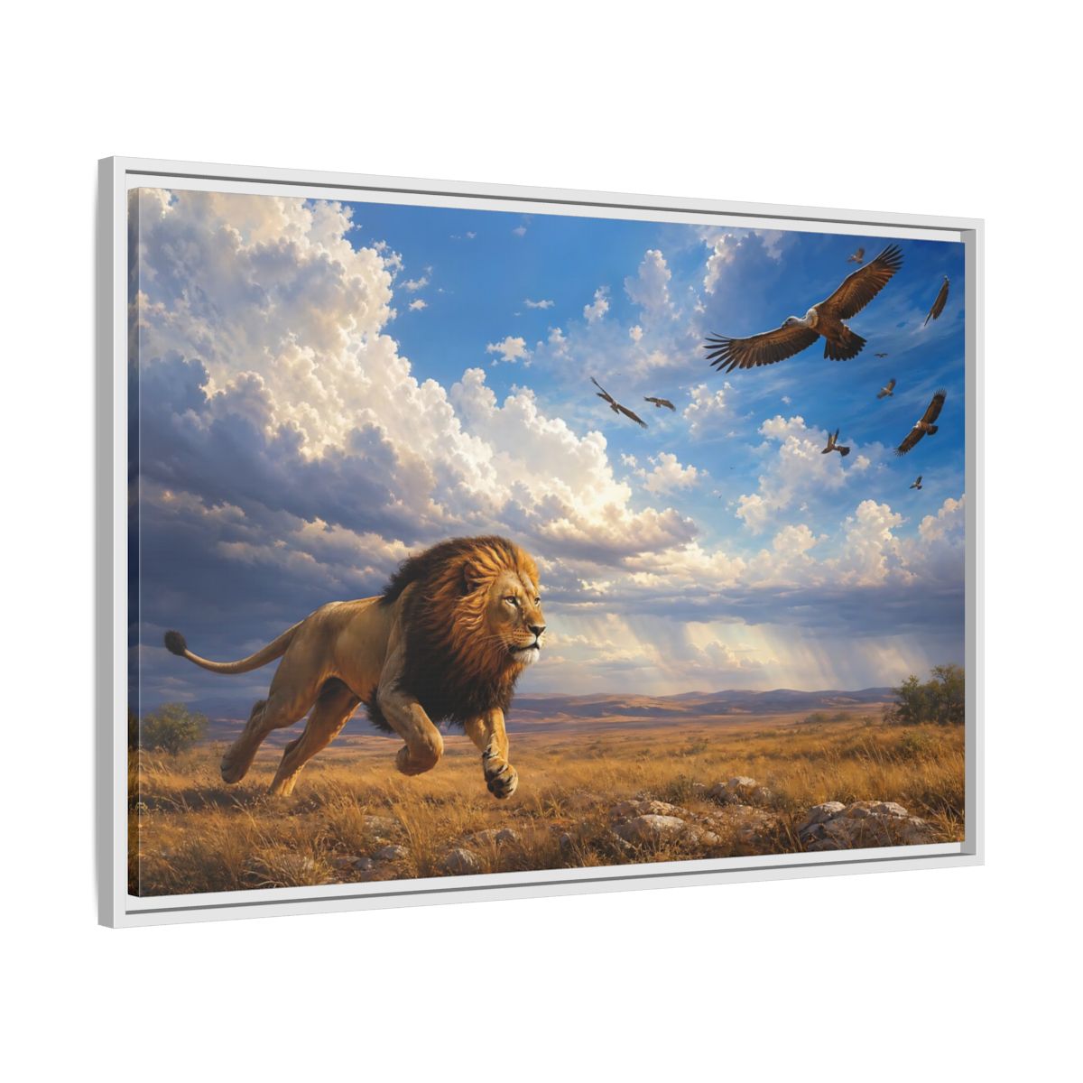 Side Mockup 9. Animals Lion Golden Savanna Lion shown as stretched canvas wall art