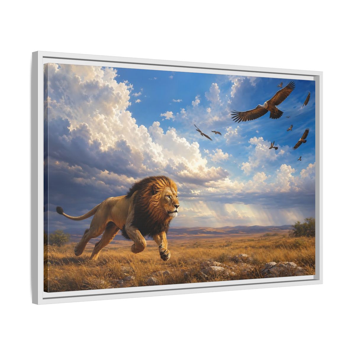Side Mockup 10. Animals Lion Golden Savanna Lion shown as stretched canvas wall art