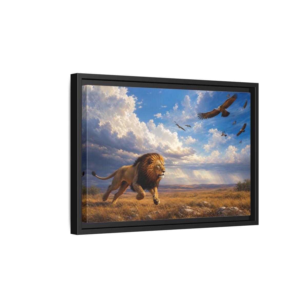 Side Mockup 6. Animals Lion Golden Savanna Lion shown as stretched canvas wall art