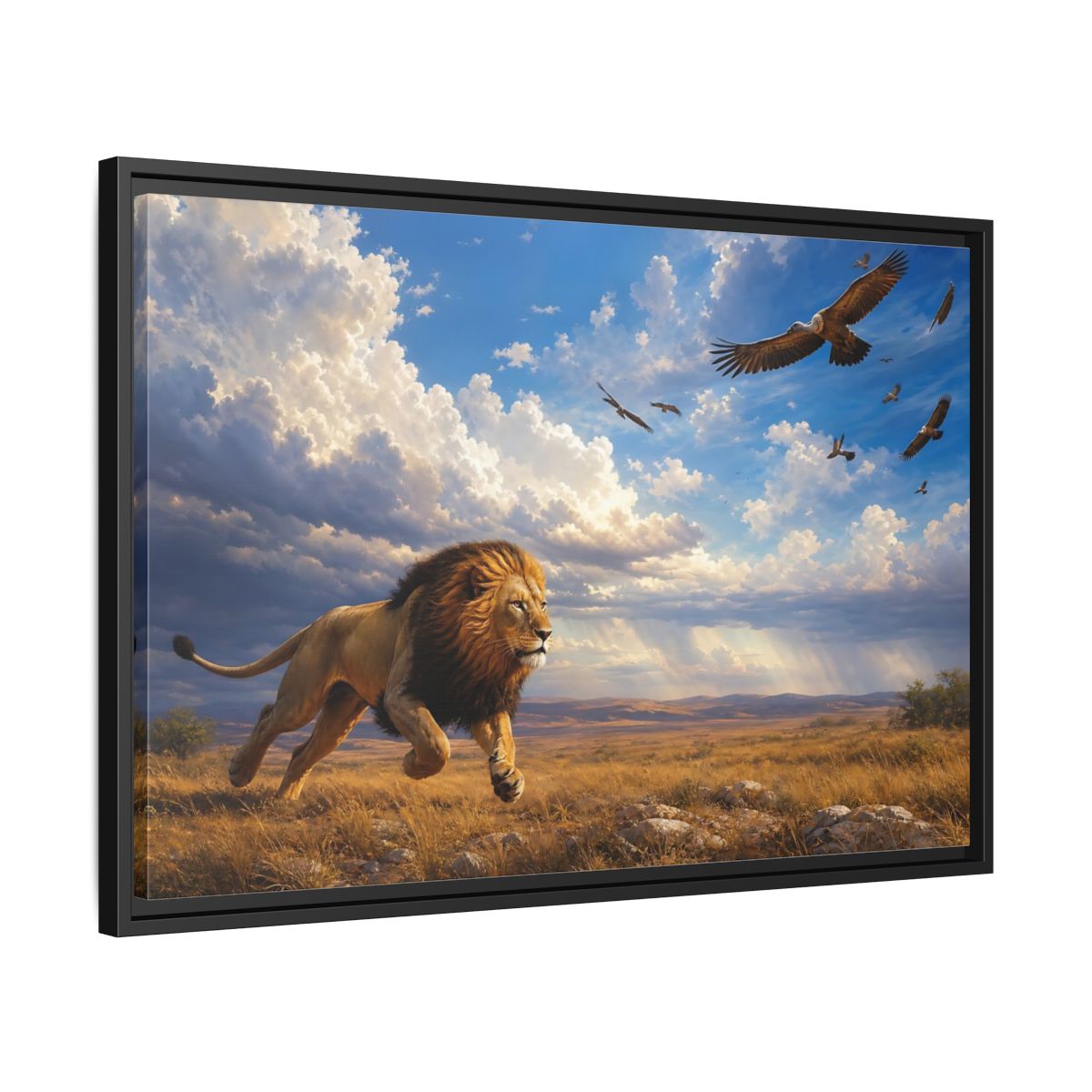 Side Mockup 14. Animals Lion Golden Savanna Lion shown as stretched canvas wall art