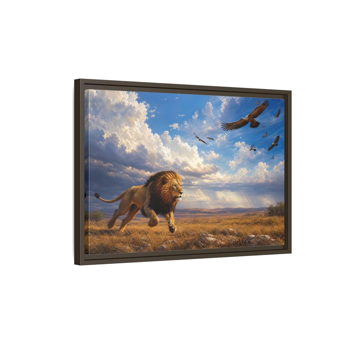 Side Mockup 2. Animals Lion Golden Savanna Lion shown as stretched canvas wall art