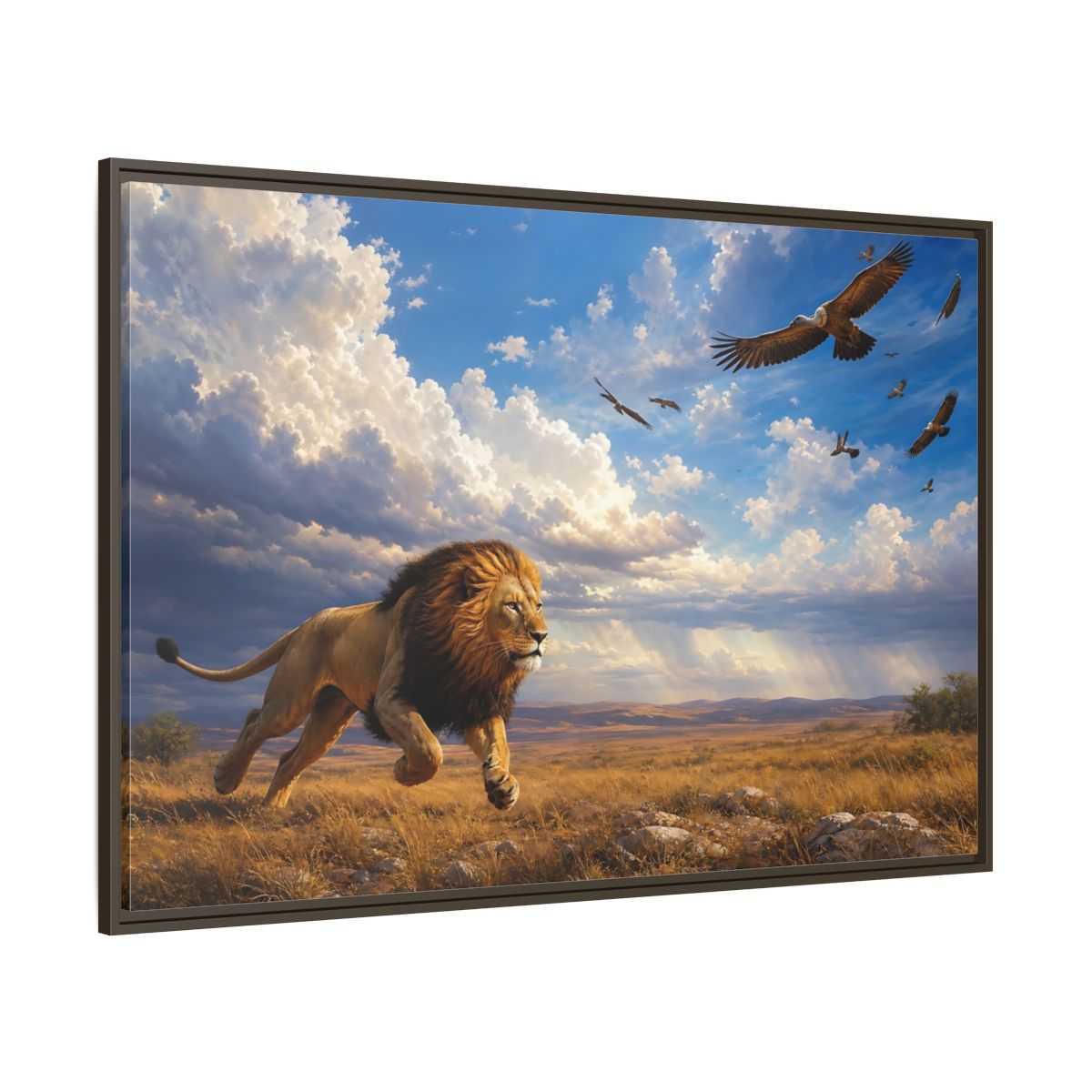Side Mockup 8. Animals Lion Golden Savanna Lion shown as stretched canvas wall art