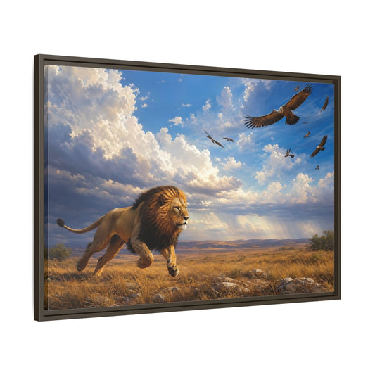 Main Mockup. Animals Lion Golden Savanna Lion shown as stretched canvas wall art