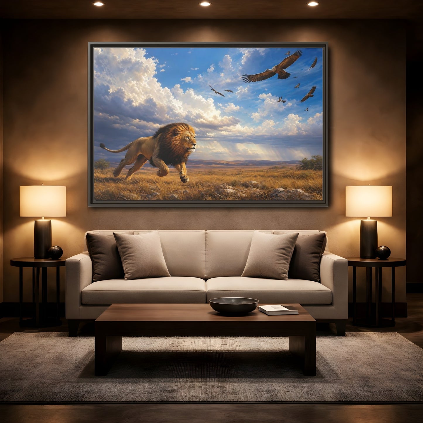 Mockup 2. Animals Lion Golden Savanna Lion shown as stretched canvas wall art