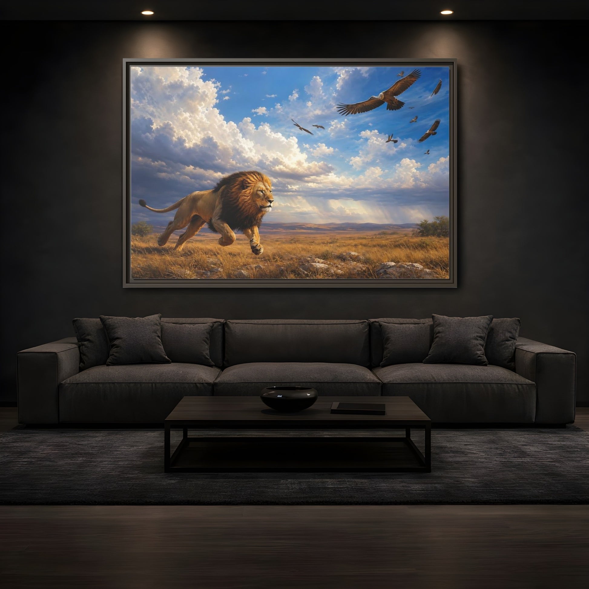 Mockup 3. Animals Lion Golden Savanna Lion shown as stretched canvas wall art