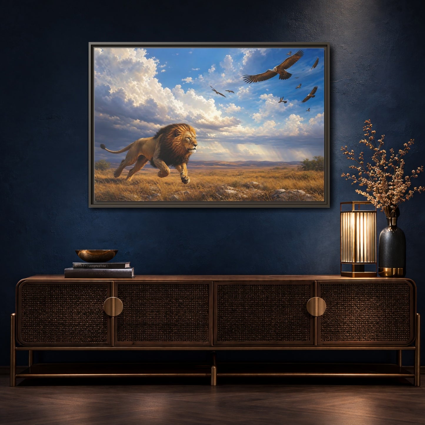 Mockup 4. Animals Lion Golden Savanna Lion shown as stretched canvas wall art
