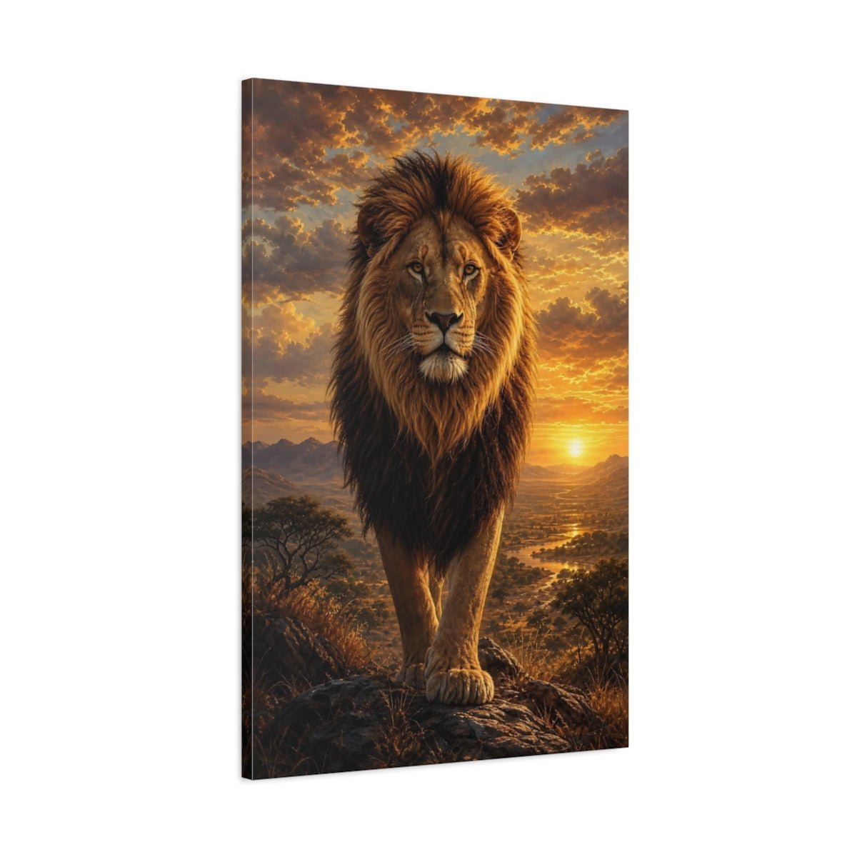 Animals Lion Golden Sunset Canvas Wall Art Print – realistic Living Room, Above Couch - YesArtYes