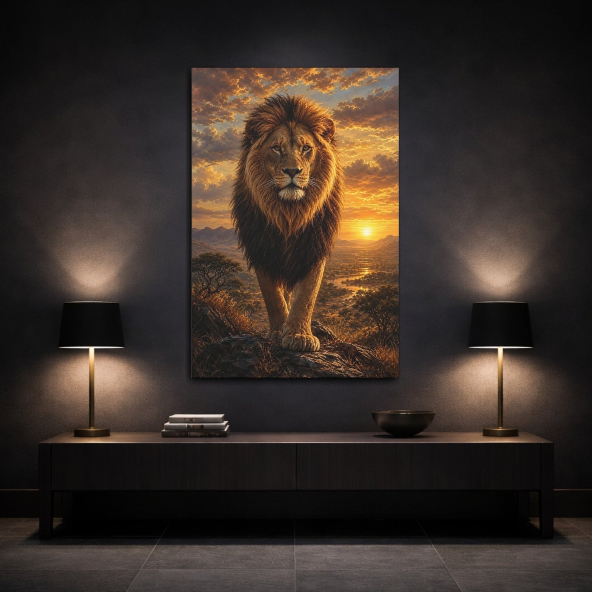 Animals Lion Golden Sunset Canvas Wall Art Print – realistic Living Room, Above Couch - YesArtYes