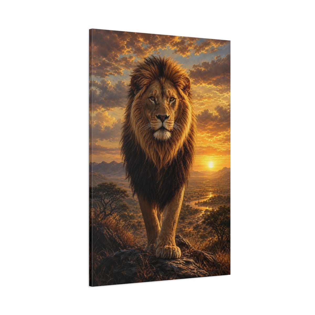 Animals Lion Golden Sunset Canvas Wall Art Print – realistic Living Room, Above Couch - YesArtYes