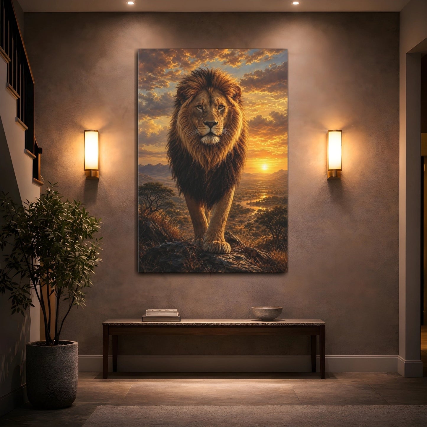 Animals Lion Golden Sunset Canvas Wall Art Print – realistic Living Room, Above Couch - YesArtYes
