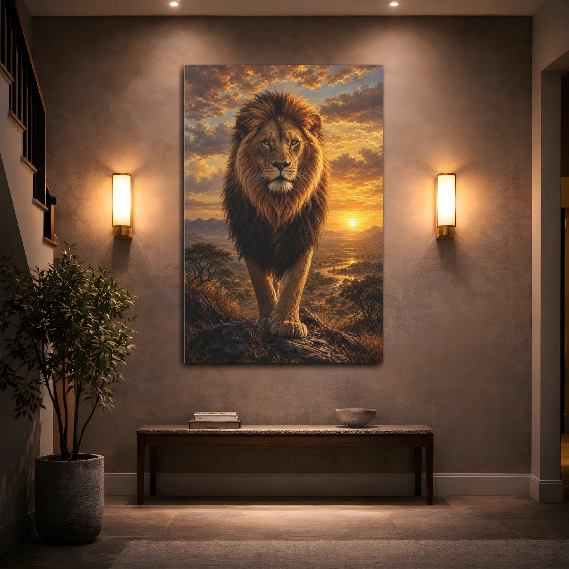 Animals Lion Golden Sunset Canvas Wall Art Print – realistic Living Room, Above Couch - YesArtYes