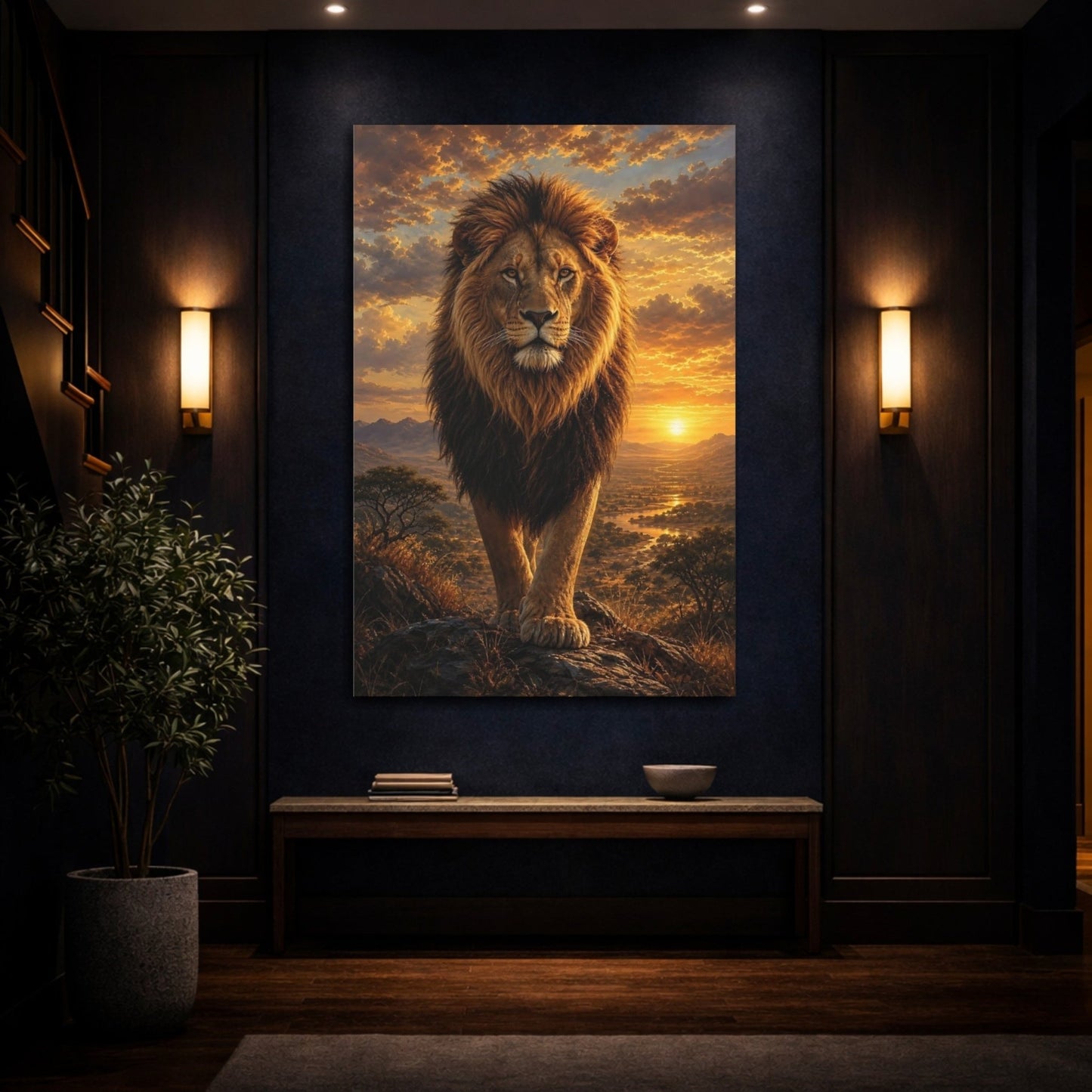 Animals Lion Golden Sunset Canvas Wall Art Print – realistic Living Room, Above Couch - YesArtYes