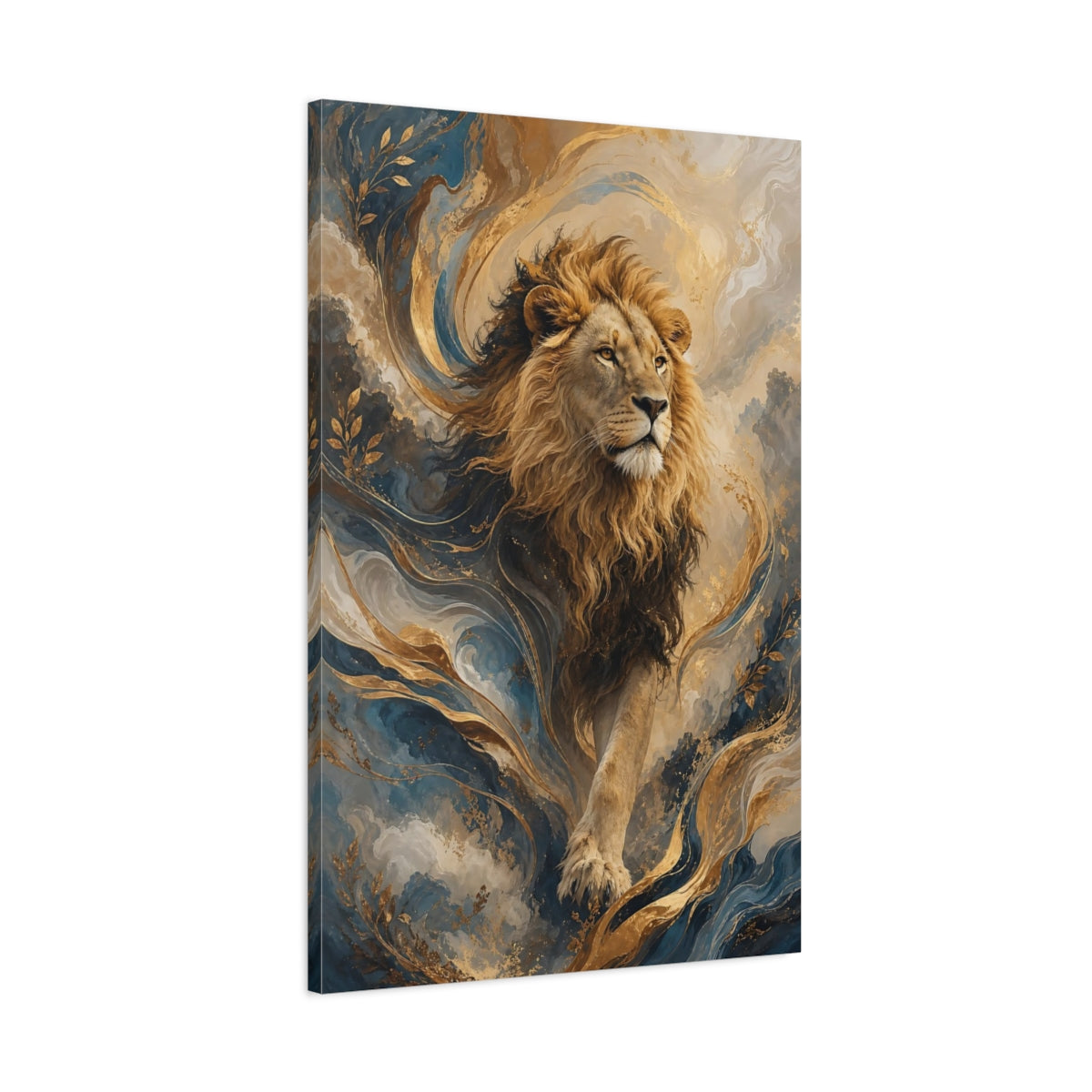 Main Mockup. Animals Lion Lion Gold Blue shown as stretched canvas wall art