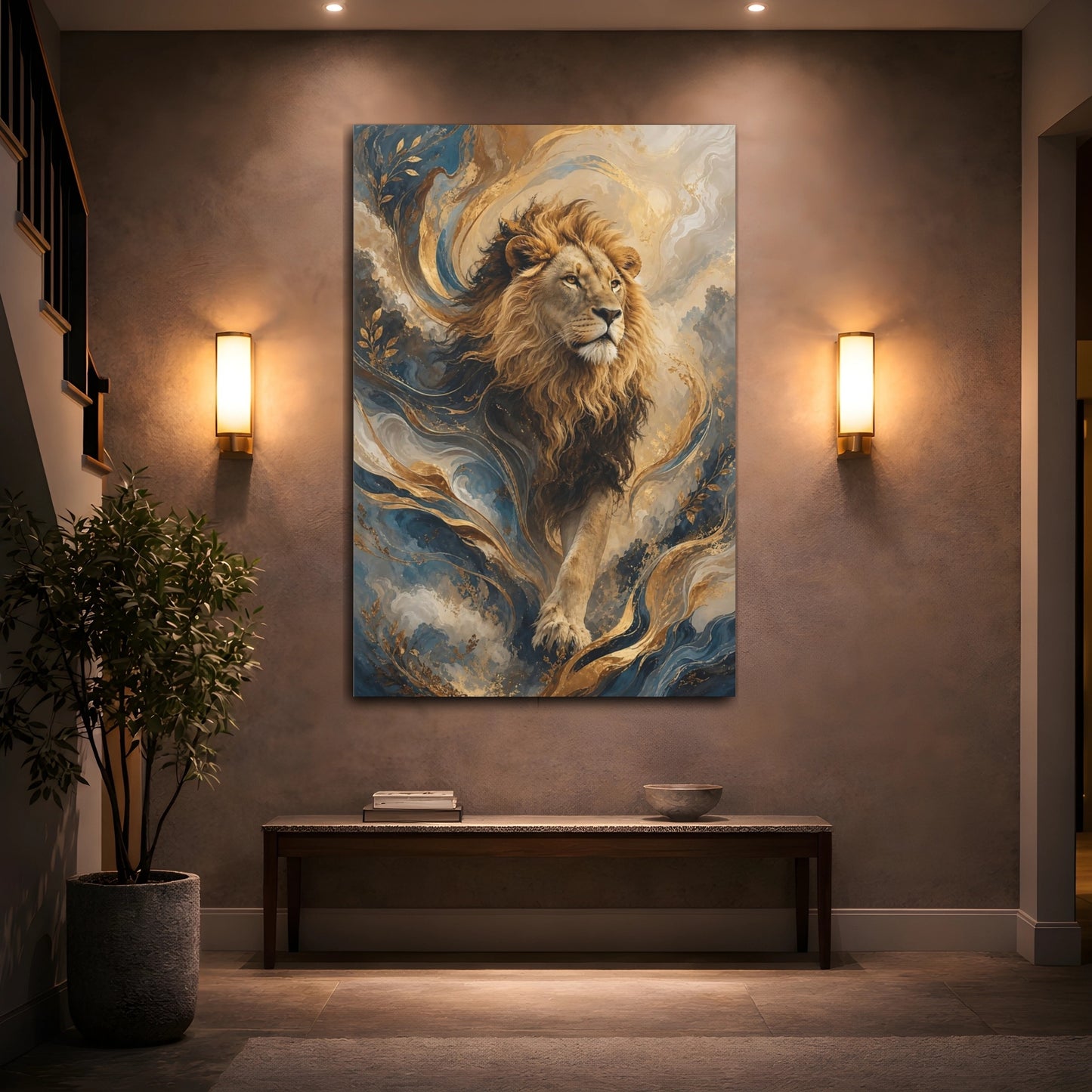 Mockup 2. Animals Lion Lion Gold Blue shown as stretched canvas wall art