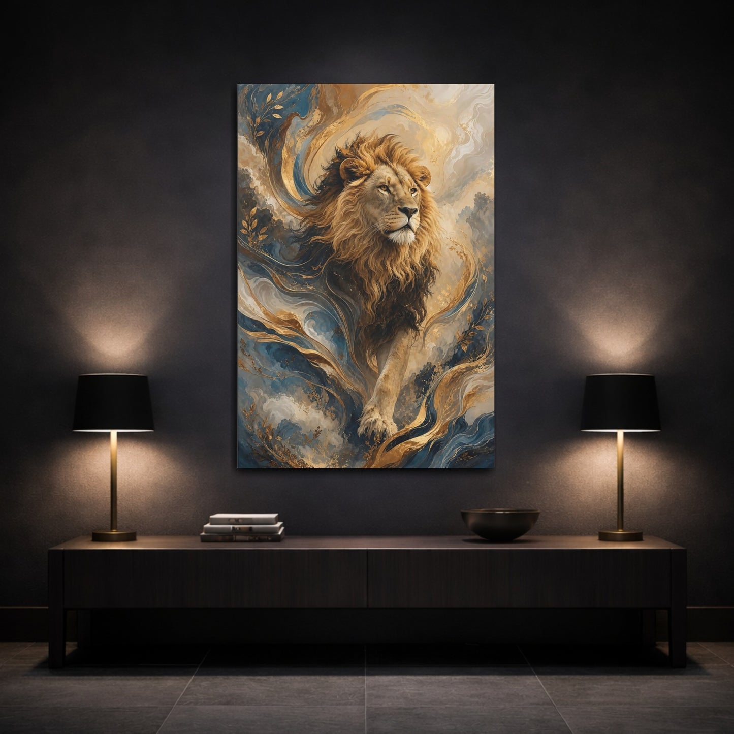 Mockup 3. Animals Lion Lion Gold Blue shown as stretched canvas wall art
