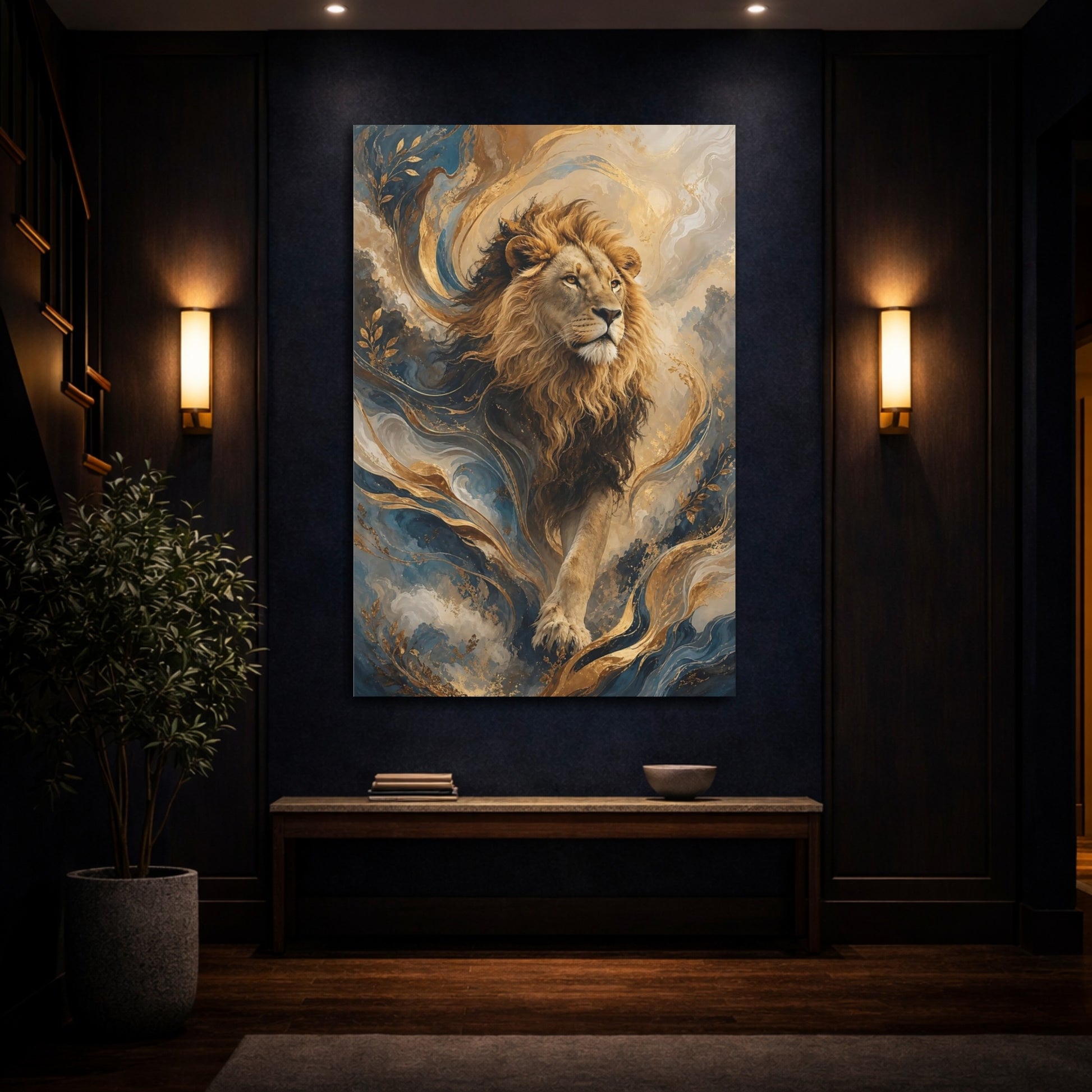Mockup 4. Animals Lion Lion Gold Blue shown as stretched canvas wall art