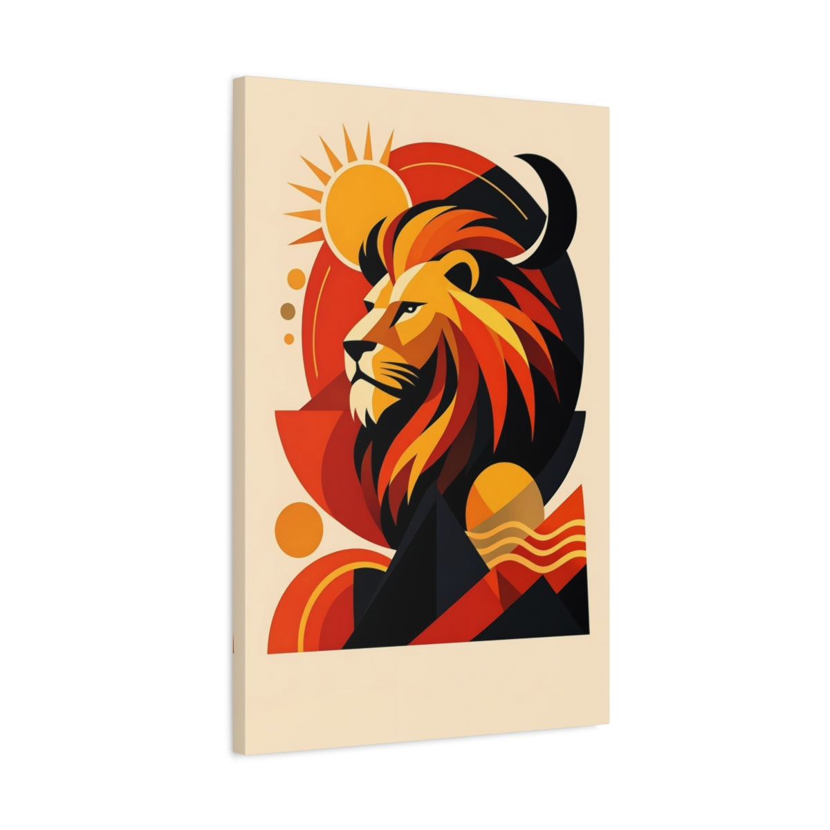 Side Mockup 2. Animals Lion Orange Black Lion shown as stretched canvas wall art