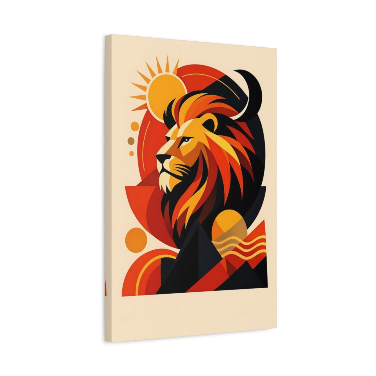 Side Mockup 3. Animals Lion Orange Black Lion shown as stretched canvas wall art