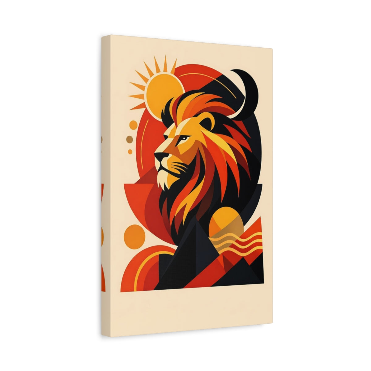 Side Mockup 4. Animals Lion Orange Black Lion shown as stretched canvas wall art
