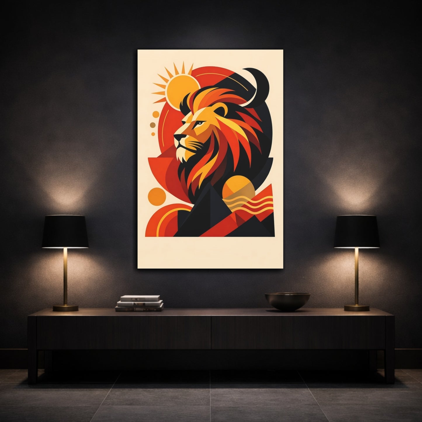 Mockup 2. Animals Lion Orange Black Lion shown as stretched canvas wall art