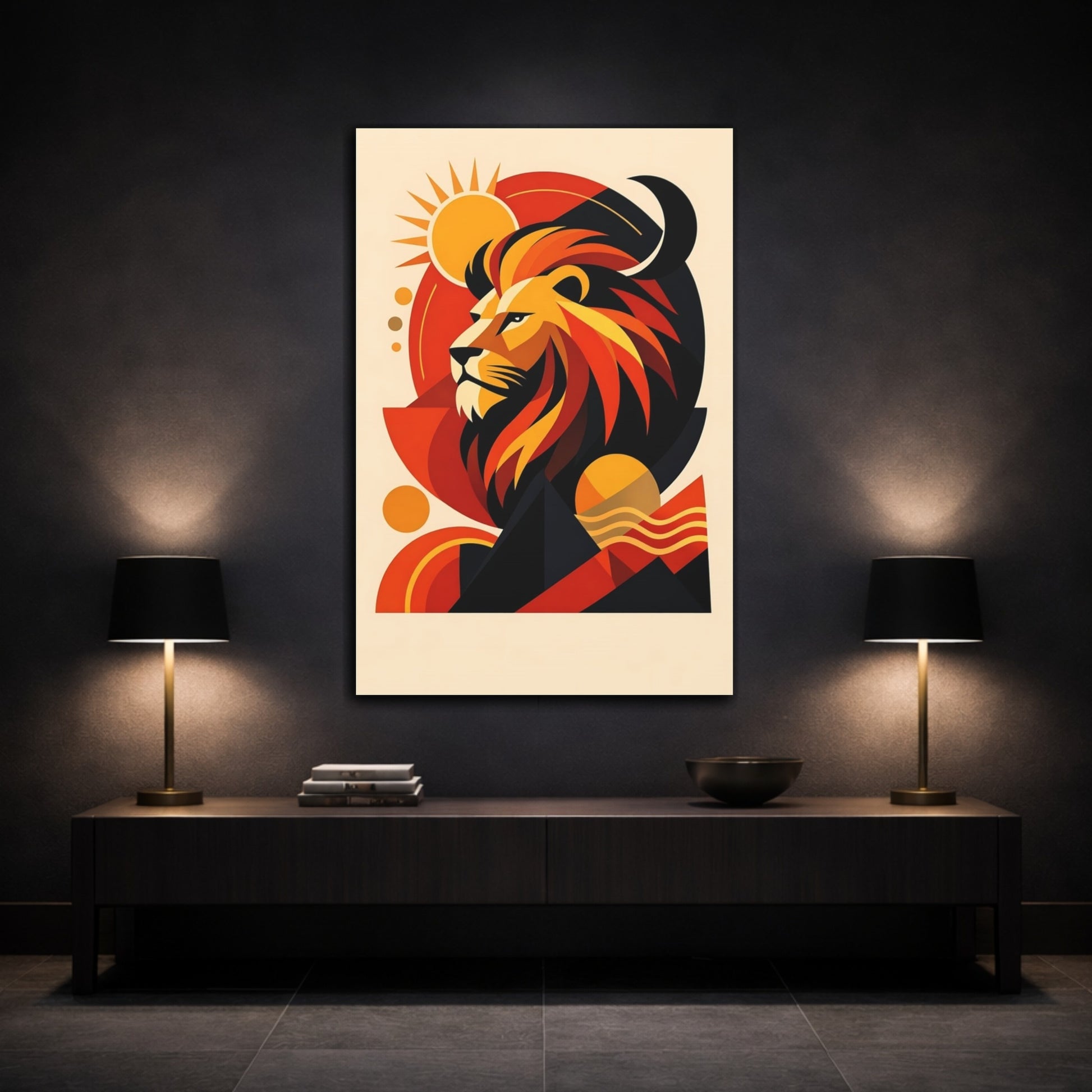 Mockup 2. Animals Lion Orange Black Lion shown as stretched canvas wall art