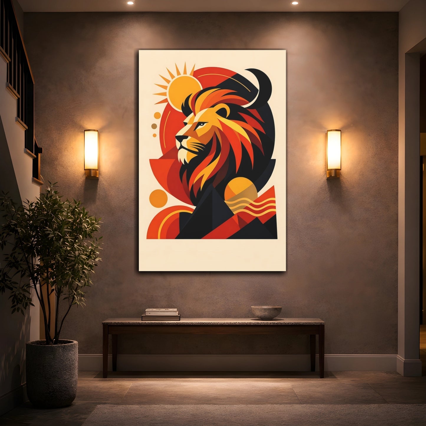 Mockup 3. Animals Lion Orange Black Lion shown as stretched canvas wall art