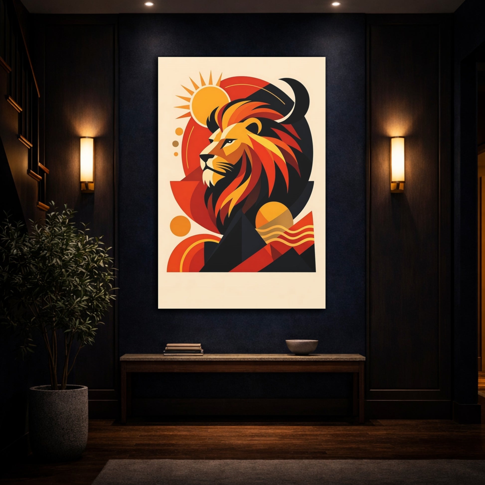 Mockup 4. Animals Lion Orange Black Lion shown as stretched canvas wall art