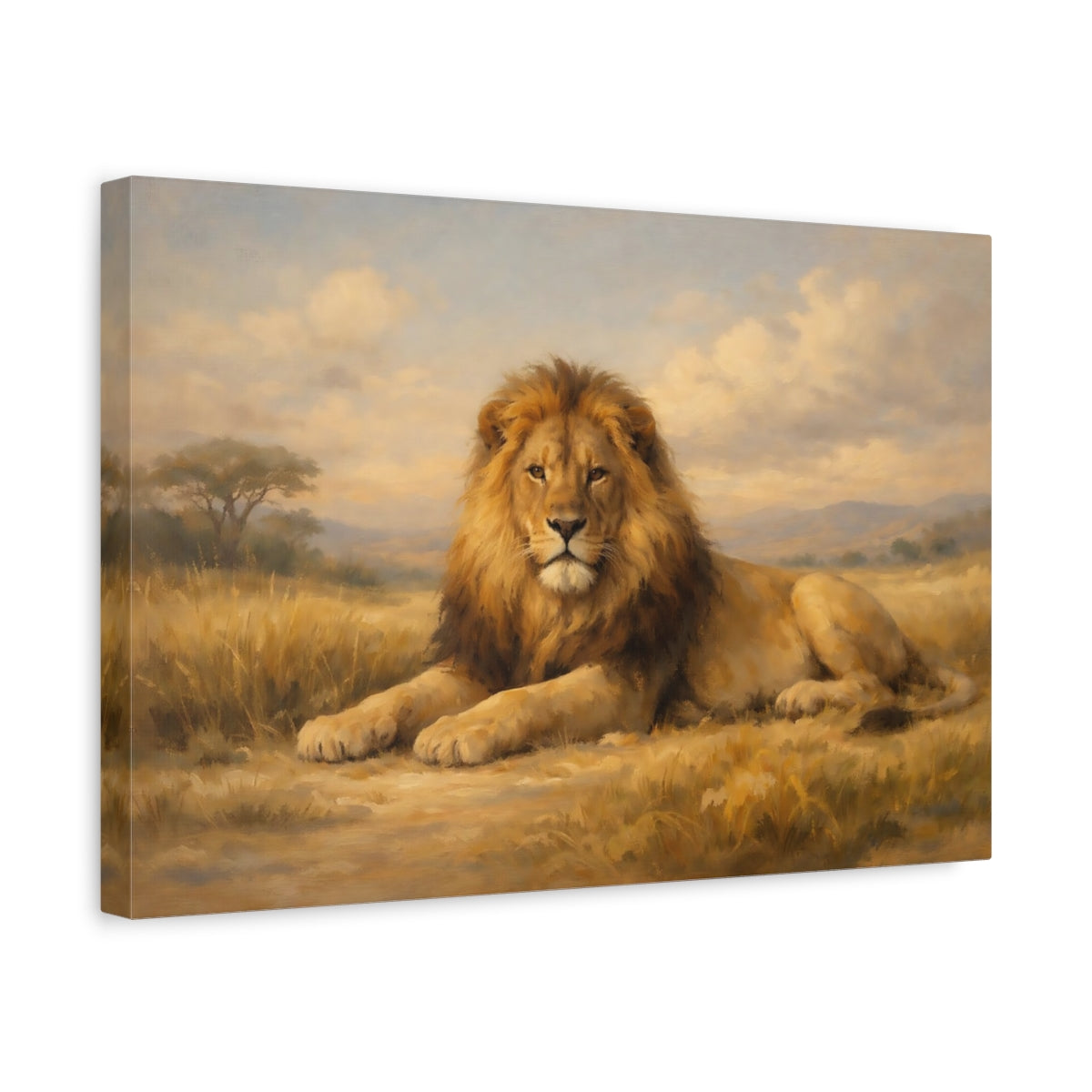 Side Mockup 4. Animals Lion Lion Savanna shown as stretched canvas wall art