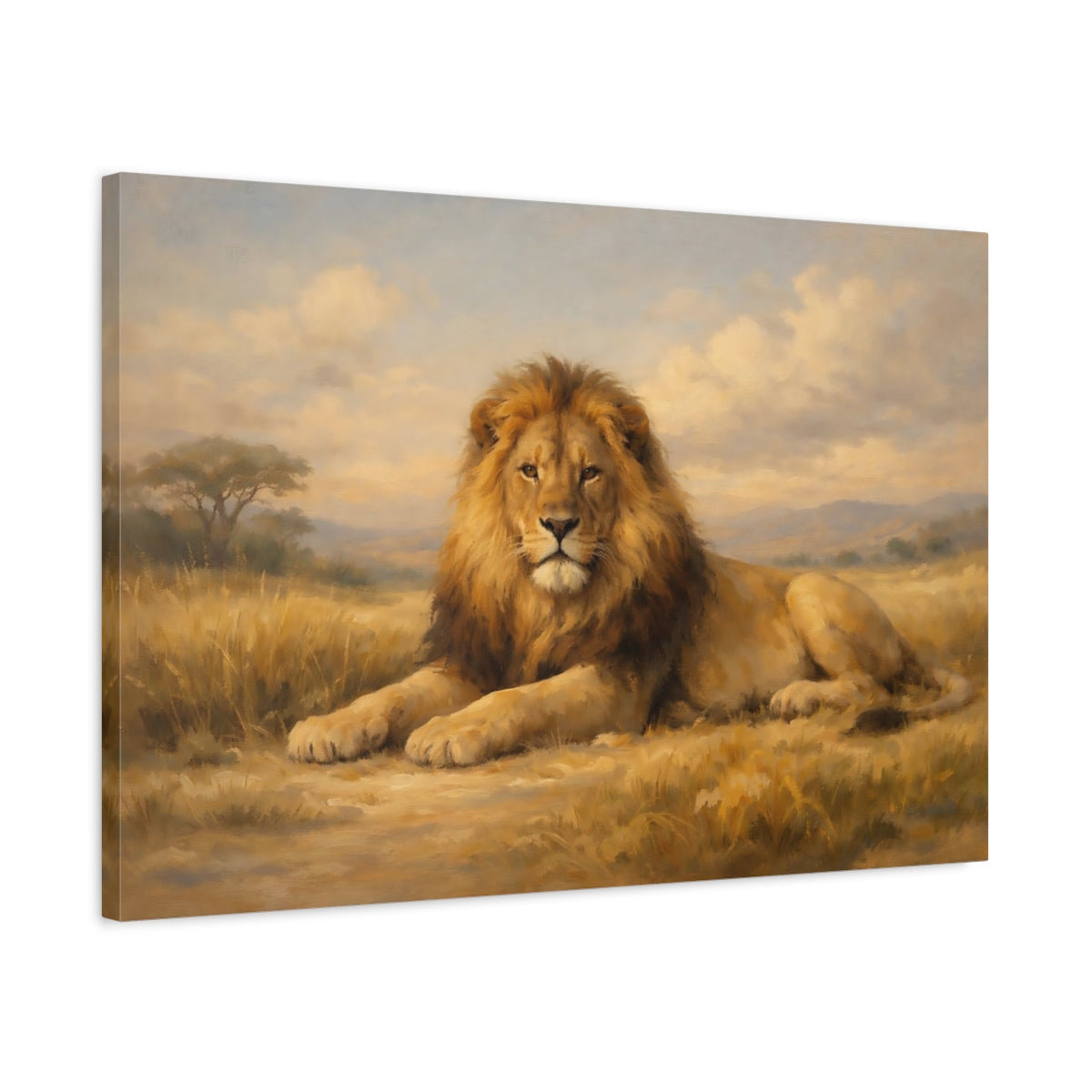 Side Mockup 2. Animals Lion Lion Savanna shown as stretched canvas wall art