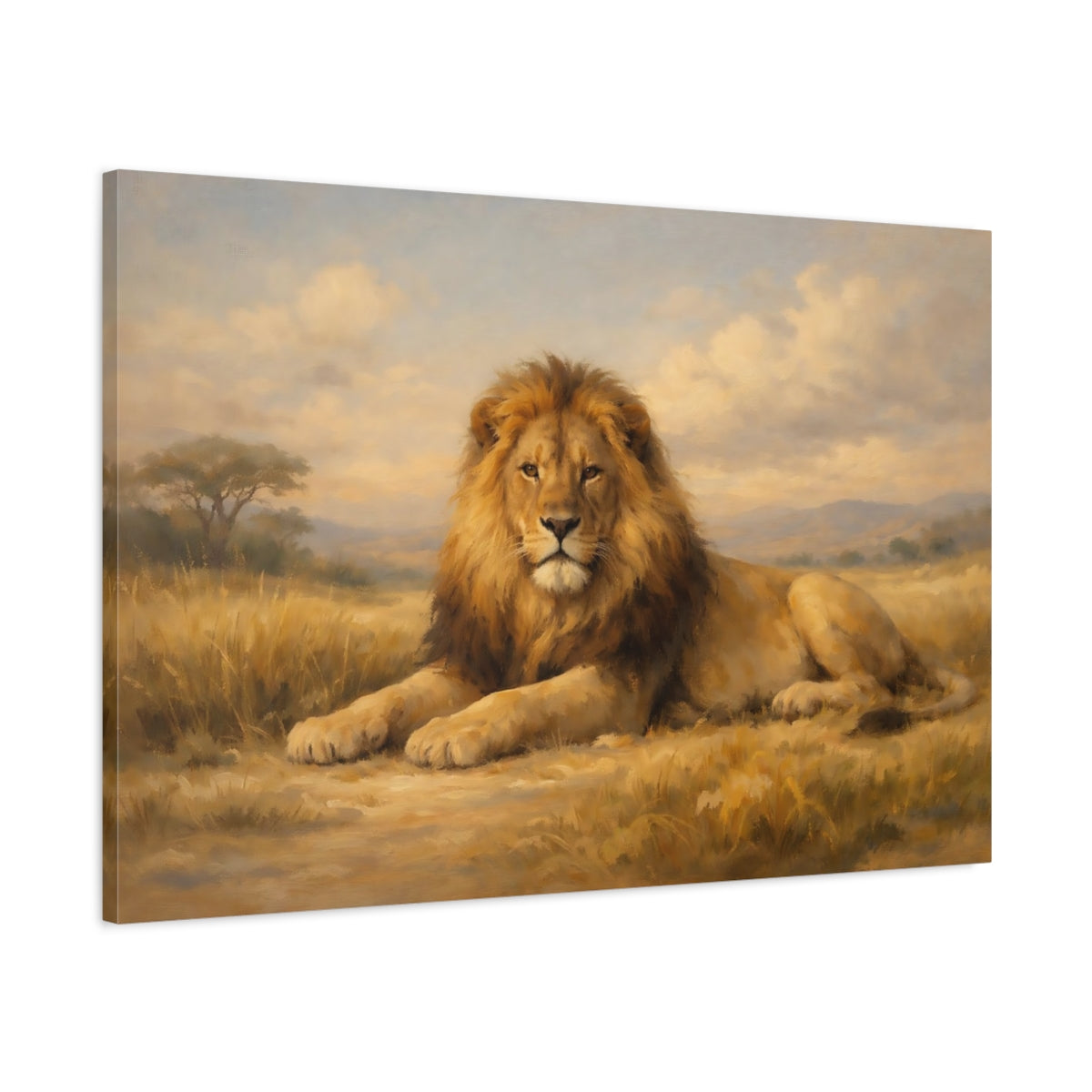 Side Mockup 1. Animals Lion Lion Savanna shown as stretched canvas wall art