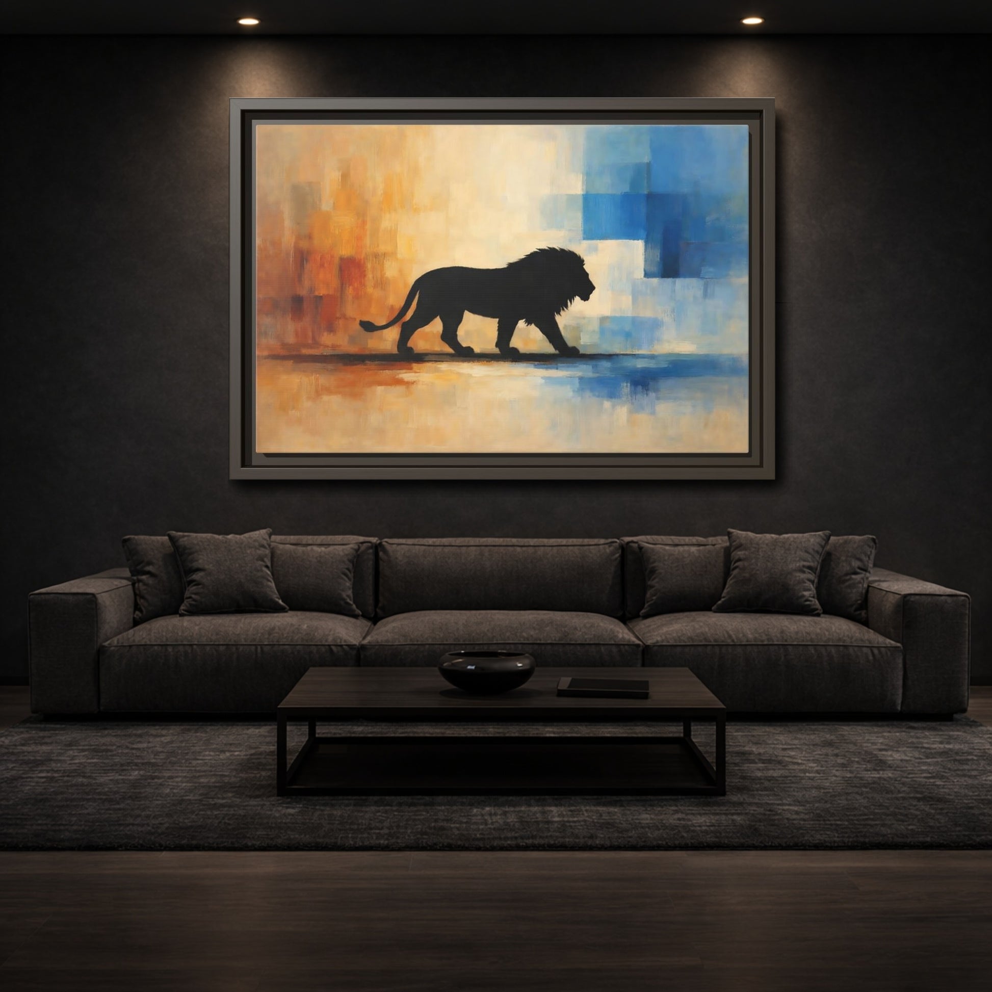 Mockup 2. Animals Lion Silhouette Abstract Lion Art shown as stretched canvas wall art