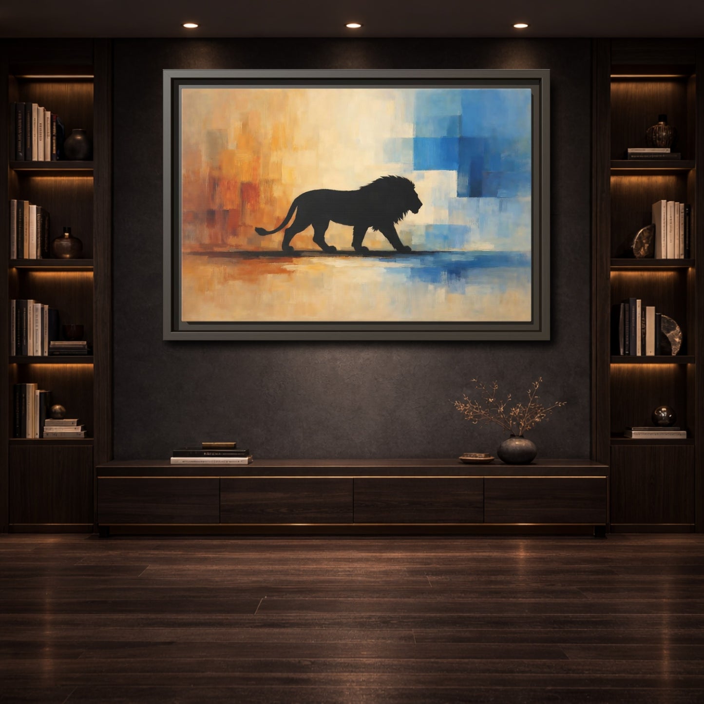 Mockup 3. Animals Lion Silhouette Abstract Lion Art shown as stretched canvas wall art