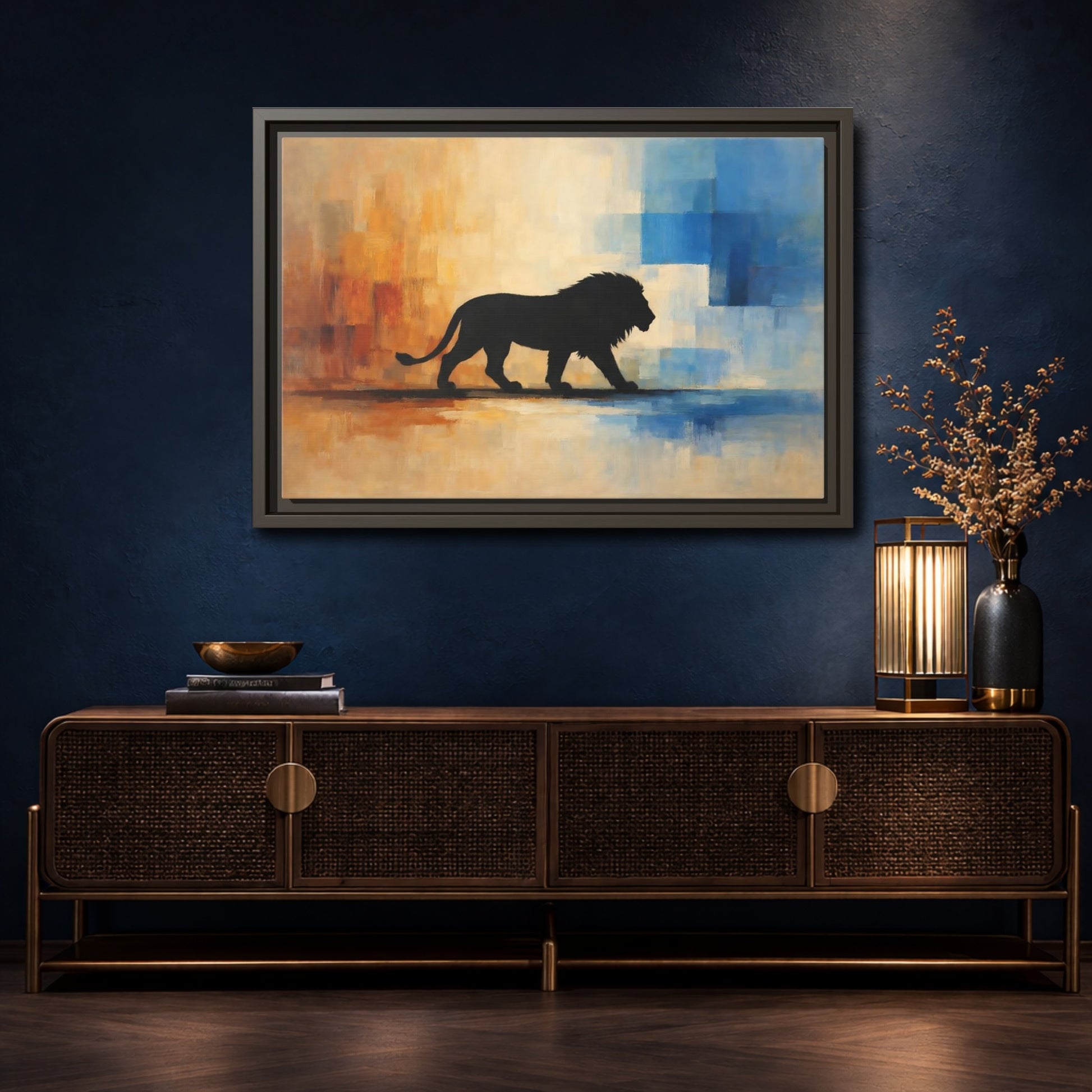 Mockup 4. Animals Lion Silhouette Abstract Lion Art shown as stretched canvas wall art