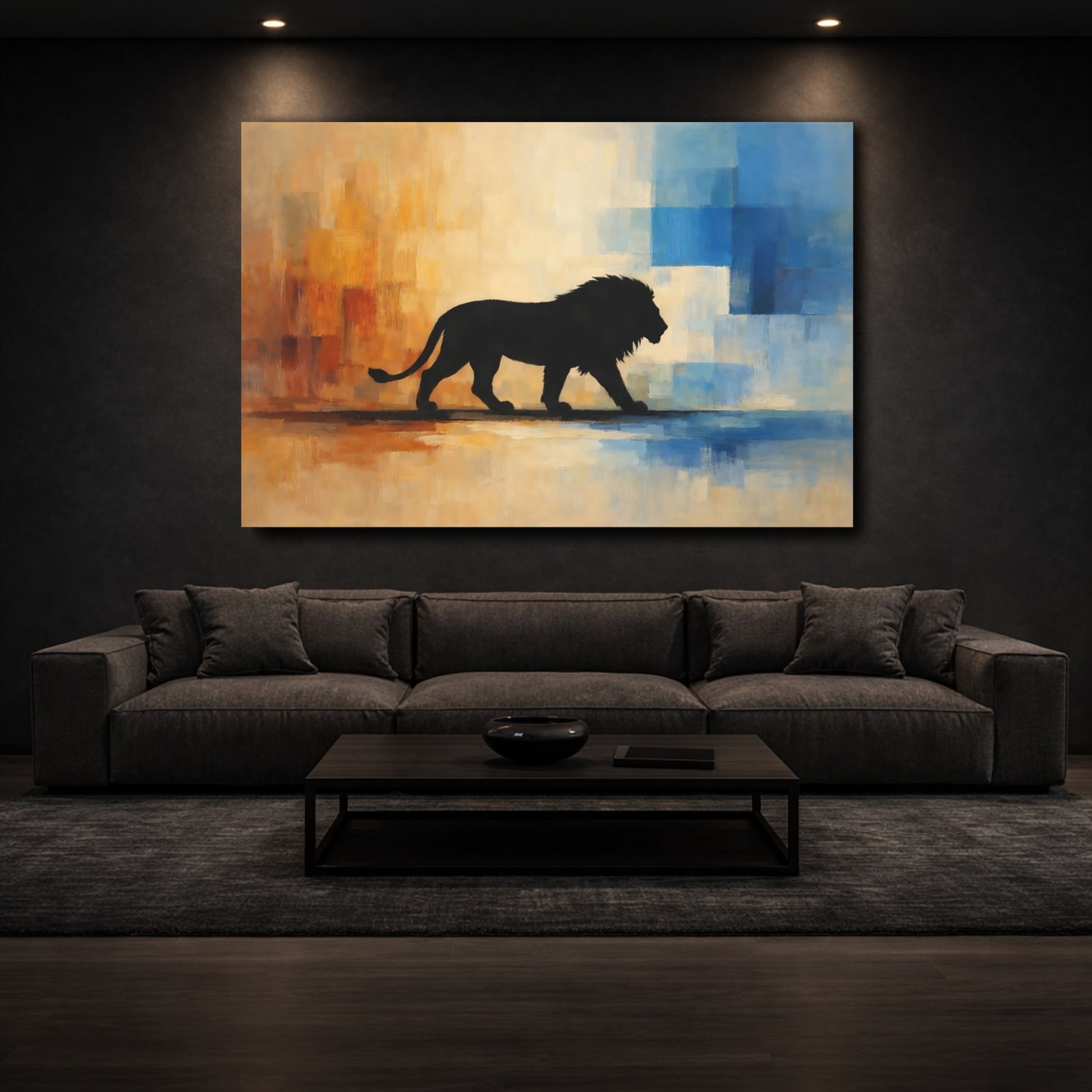 Mockup 2. Animals Lion Silhouette Black Lion Orange Blue shown as stretched canvas wall art