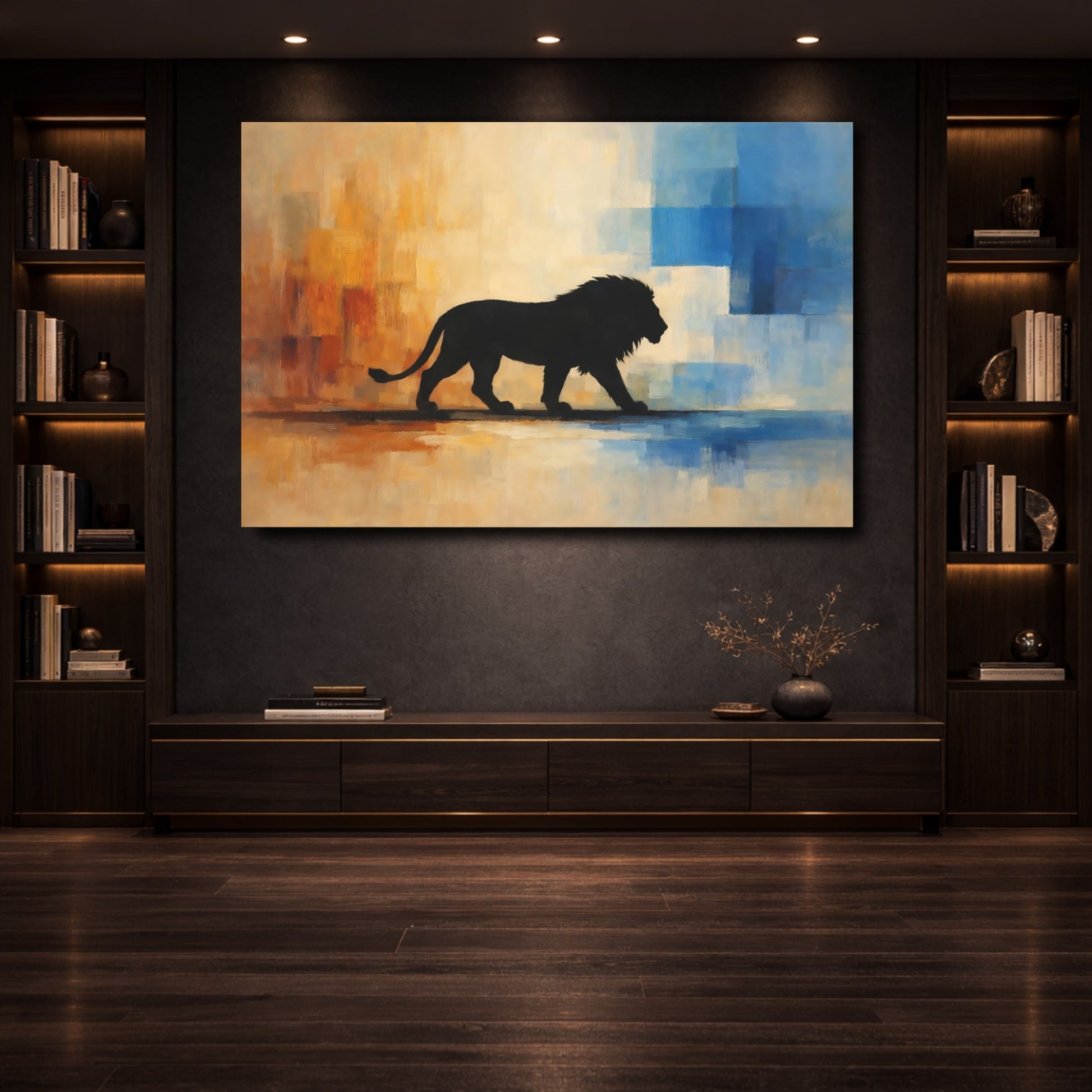 Mockup 3. Animals Lion Silhouette Black Lion Orange Blue shown as stretched canvas wall art