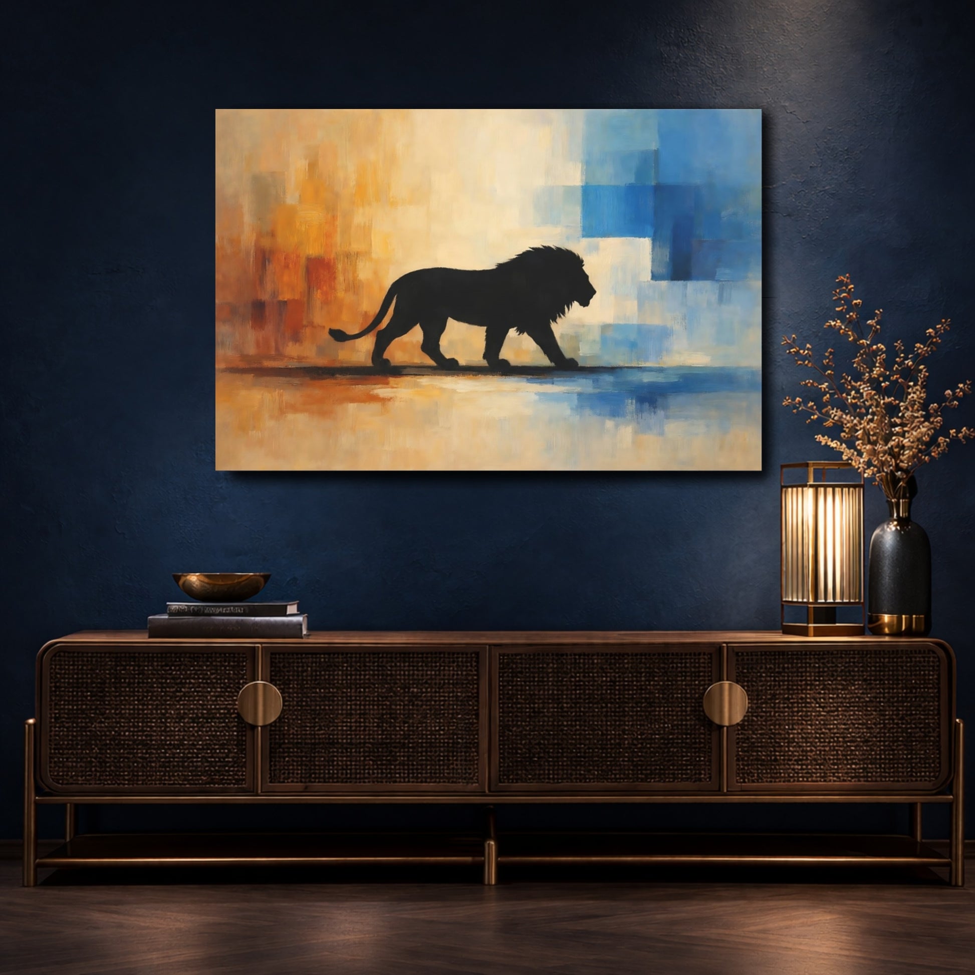 Mockup 4. Animals Lion Silhouette Black Lion Orange Blue shown as stretched canvas wall art