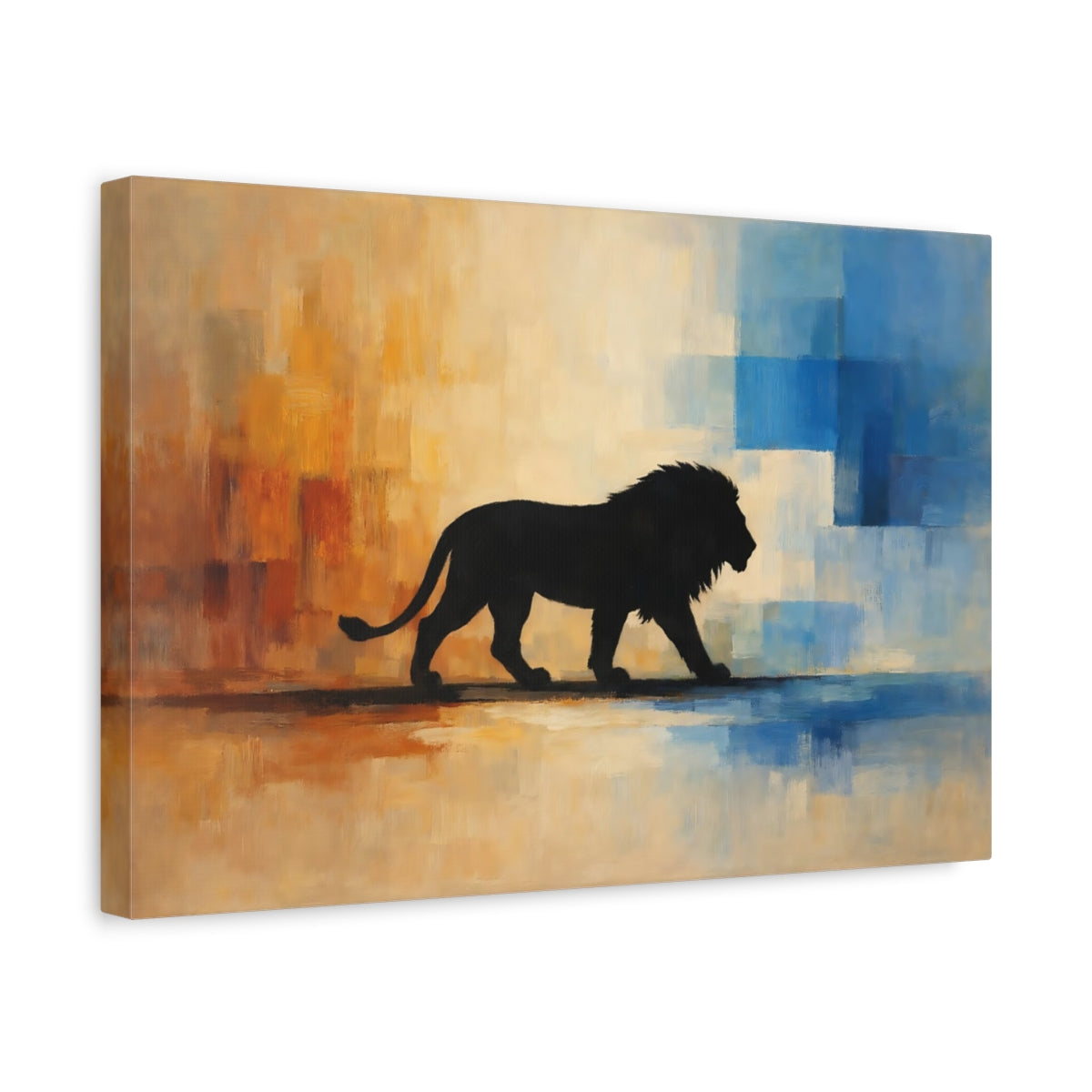 Side Mockup 4. Animals Lion Silhouette Black Lion Orange Blue shown as stretched canvas wall art