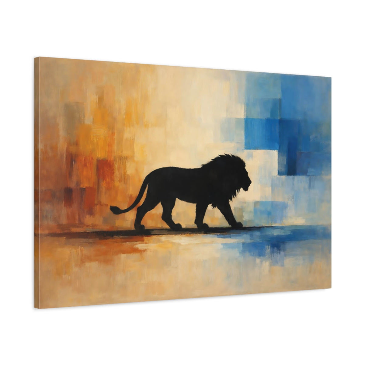 Side Mockup 1. Animals Lion Silhouette Black Lion Orange Blue shown as stretched canvas wall art