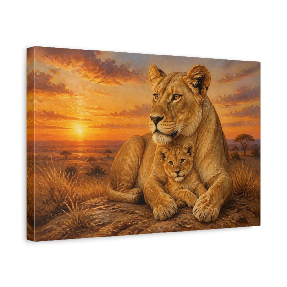 Animals Lioness And Cub At Sunset Canvas Print – Living Room, Above Couch, Golden Orange - YesArtYes