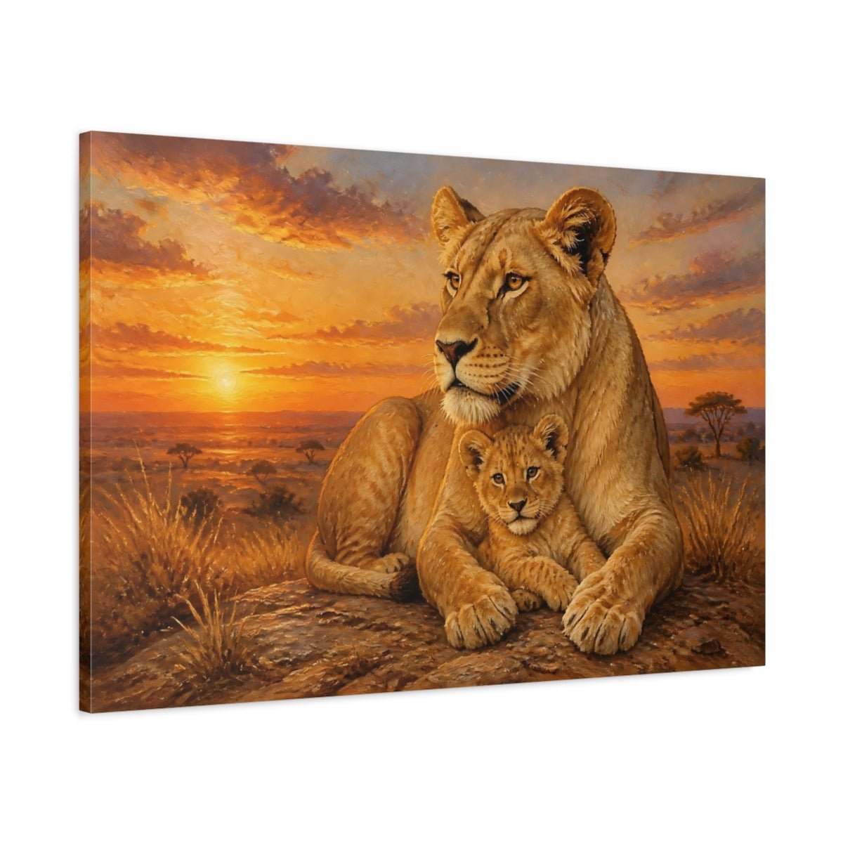 Animals Lioness And Cub At Sunset Canvas Print – Living Room, Above Couch, Golden Orange - YesArtYes
