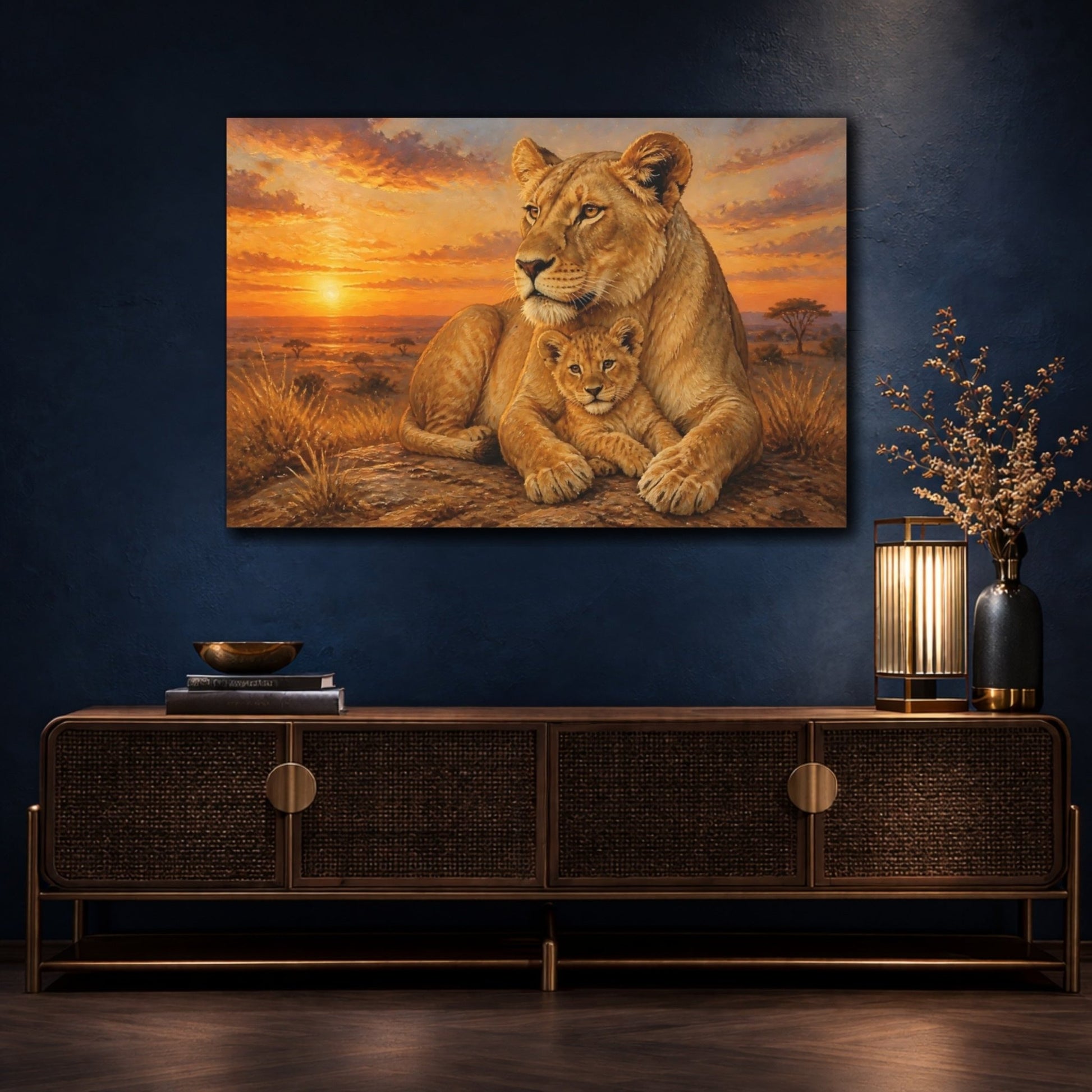 Animals Lioness And Cub At Sunset Canvas Print – Living Room, Above Couch, Golden Orange - YesArtYes