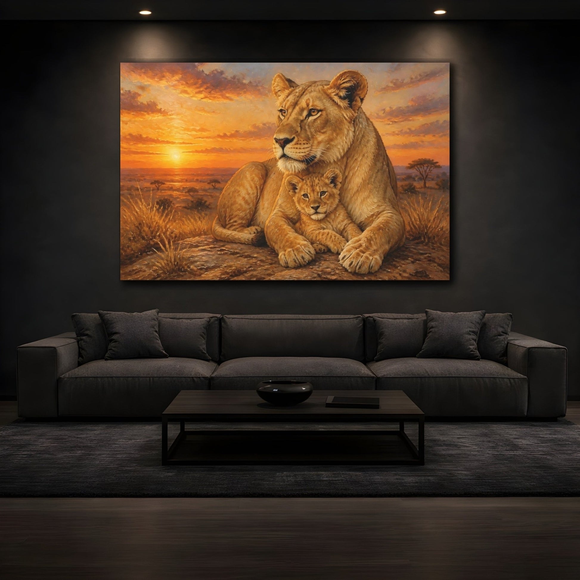 Animals Lioness And Cub At Sunset Canvas Print – Living Room, Above Couch, Golden Orange - YesArtYes