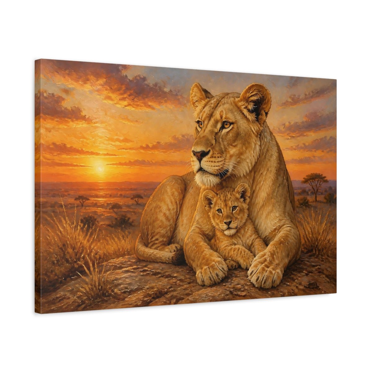 Animals Lioness And Cub At Sunset Canvas Print – Living Room, Above Couch, Golden Orange - YesArtYes